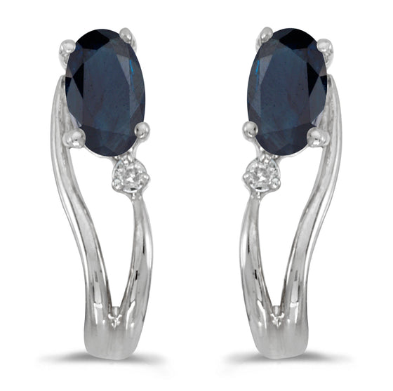 14k White Gold Oval Sapphire And Diamond Wave Earrings