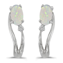  14k White Gold Oval Opal And Diamond Wave Earrings