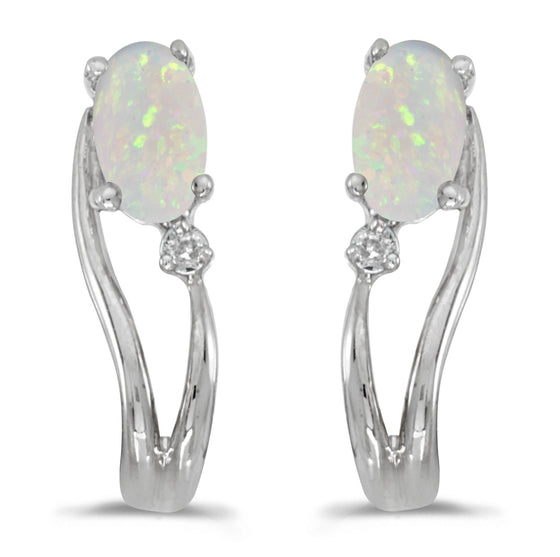 14k White Gold Oval Opal And Diamond Wave Earrings