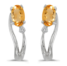 14k White Gold Oval Citrine And Diamond Wave Earrings