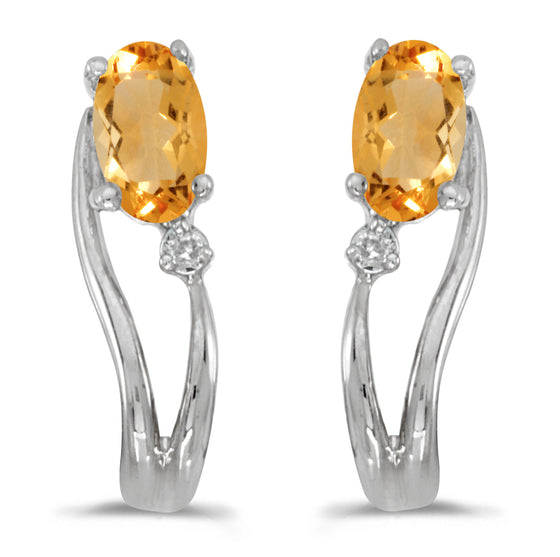 14k White Gold Oval Citrine And Diamond Wave Earrings