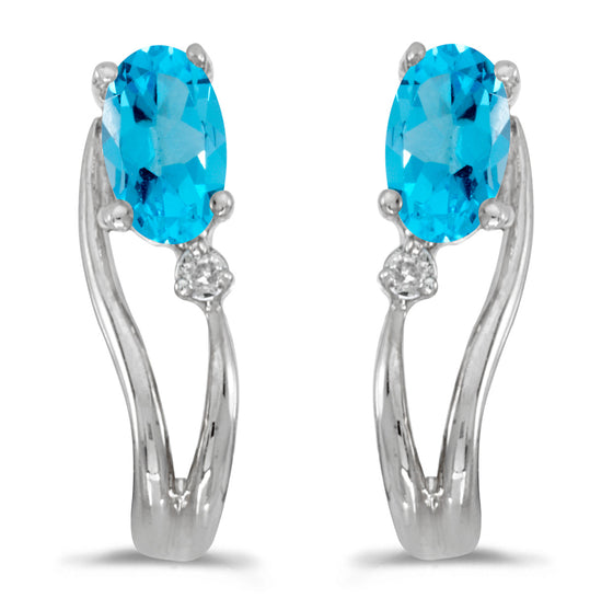 14k White Gold Oval Blue Topaz And Diamond Wave Earrings