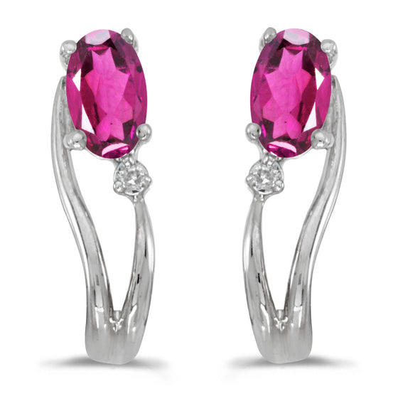14k White Gold Oval Pink Topaz And Diamond Wave Earrings