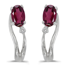  14k White Gold Oval Rhodolite Garnet And Diamond Wave Earrings