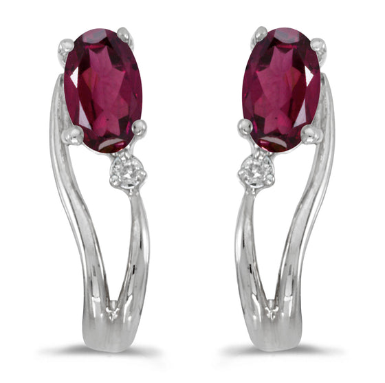 14k White Gold Oval Rhodolite Garnet And Diamond Wave Earrings