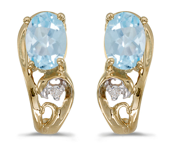 14k Yellow Gold Oval Aquamarine And Diamond Earrings