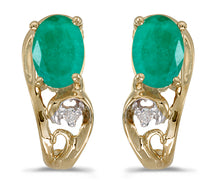  14k Yellow Gold Oval Emerald And Diamond Earrings