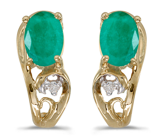 14k Yellow Gold Oval Emerald And Diamond Earrings