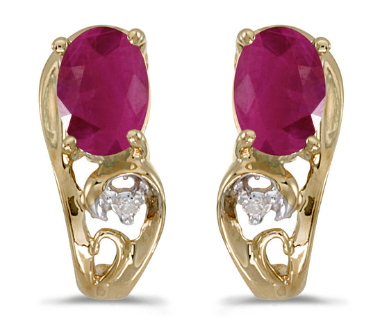 14k Yellow Gold Oval Ruby And Diamond Earrings