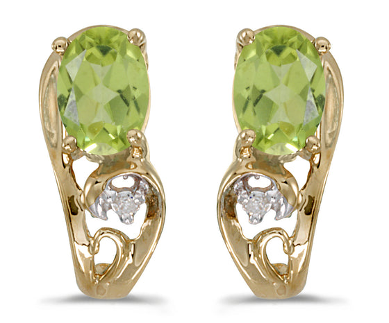 14k Yellow Gold Oval Peridot And Diamond Earrings