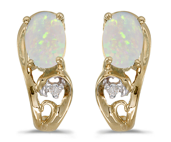 14k Yellow Gold Oval Opal And Diamond Earrings