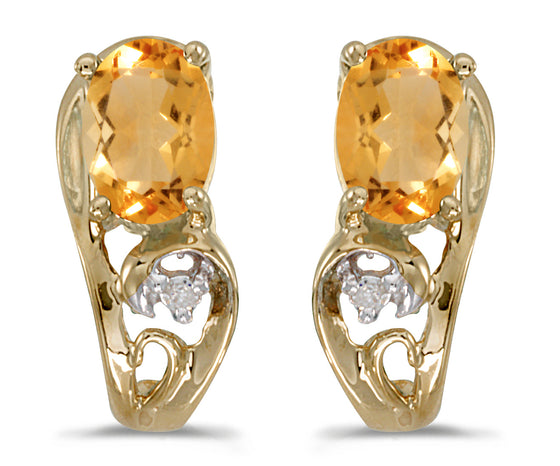 14k Yellow Gold Oval Citrine And Diamond Earrings