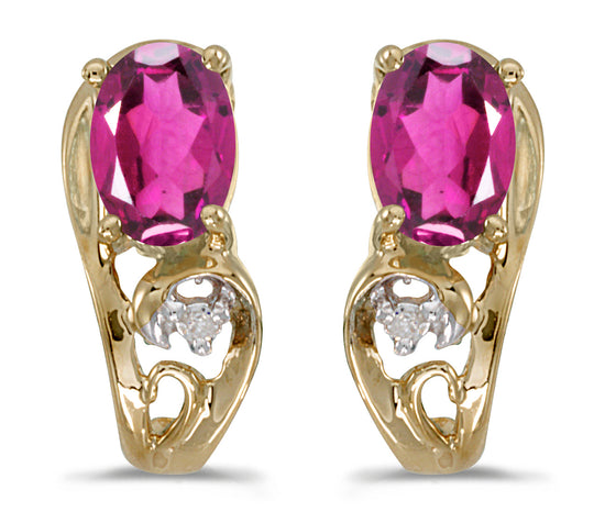 14k Yellow Gold Oval Pink Topaz And Diamond Earrings