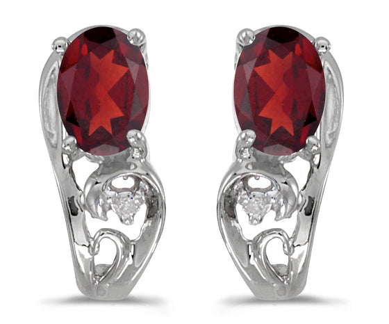 14k White Gold Oval Garnet And Diamond Earrings