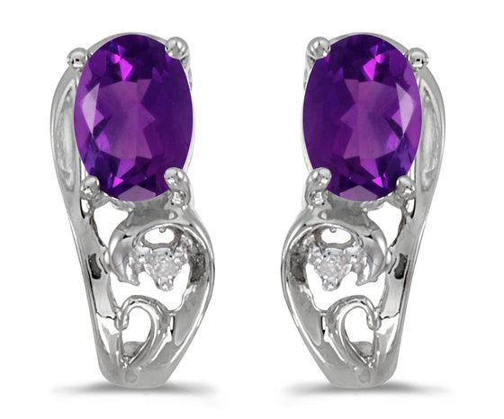 14k White Gold Oval Amethyst And Diamond Earrings