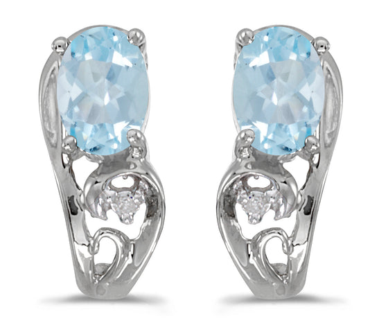 14k White Gold Oval Aquamarine And Diamond Earrings