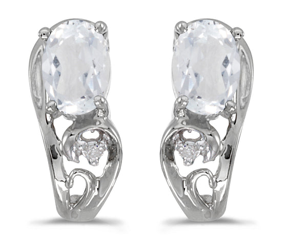 14k White Gold Oval White Topaz And Diamond Earrings