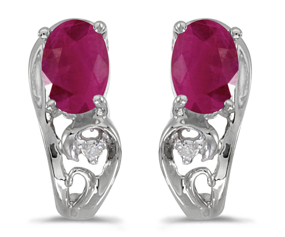 14k White Gold Oval Ruby And Diamond Earrings