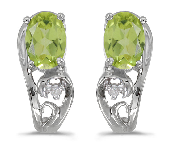 14k White Gold Oval Peridot And Diamond Earrings