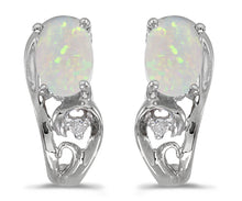  14k White Gold Oval Opal And Diamond Earrings