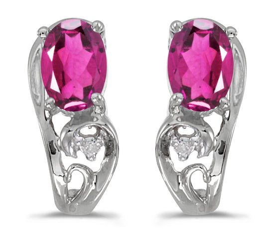 14k White Gold Oval Pink Topaz And Diamond Earrings