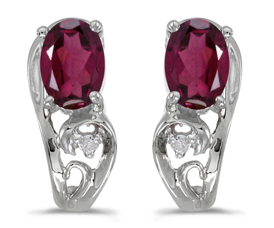 14k White Gold Oval Rhodolite Garnet And Diamond Earrings