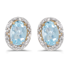  14k Yellow Gold Oval Aquamarine And Diamond Earrings