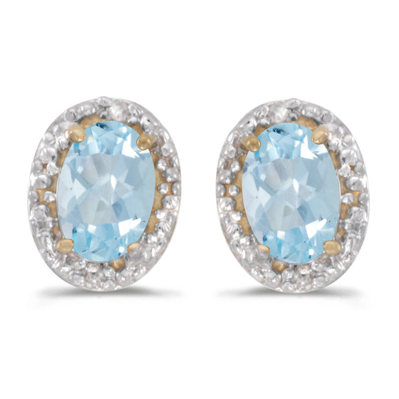 14k Yellow Gold Oval Aquamarine And Diamond Earrings