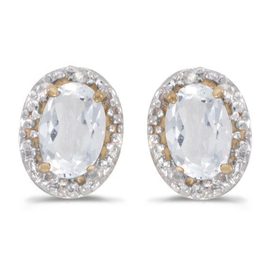 14k Yellow Gold Oval White Topaz And Diamond Earrings