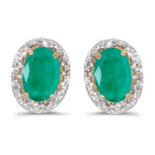  14k Yellow Gold Oval Emerald And Diamond Earrings