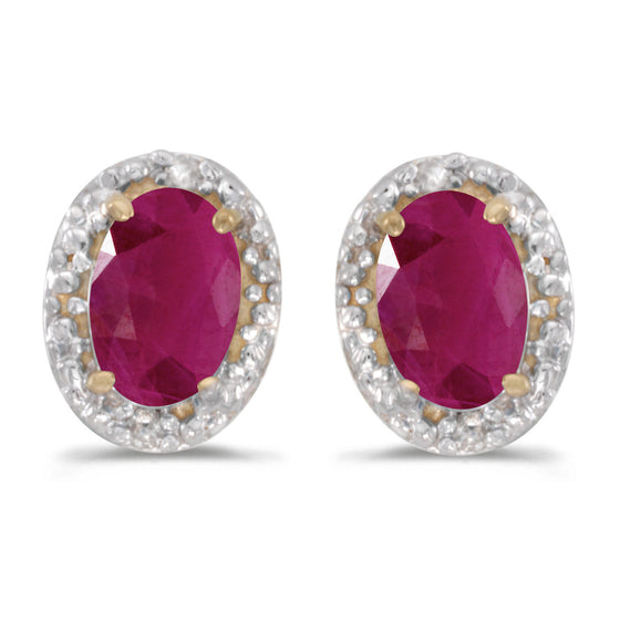 14k Yellow Gold Oval Ruby And Diamond Earrings