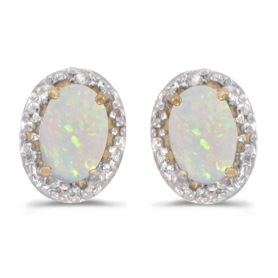 14k Yellow Gold Oval Opal And Diamond Earrings
