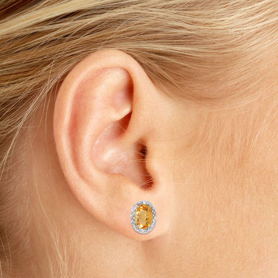14k Yellow Gold Oval Citrine And Diamond Earrings