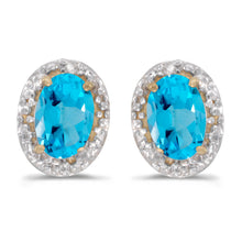  14k Yellow Gold Oval Blue Topaz And Diamond Earrings