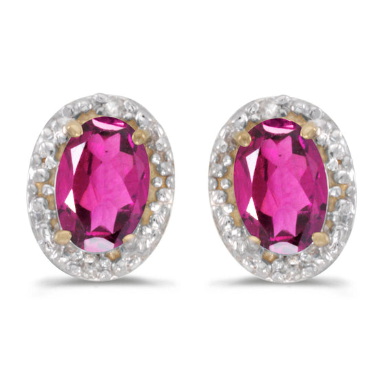 14k Yellow Gold Oval Pink Topaz And Diamond Earrings
