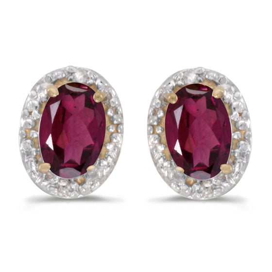 14k Yellow Gold Oval Rhodolite Garnet And Diamond Earrings