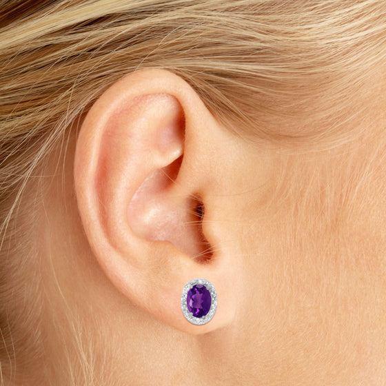 14k White Gold Oval Amethyst And Diamond Earrings