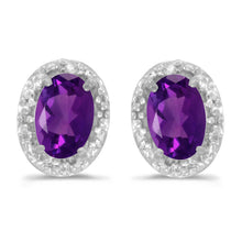 14k White Gold Oval Amethyst And Diamond Earrings