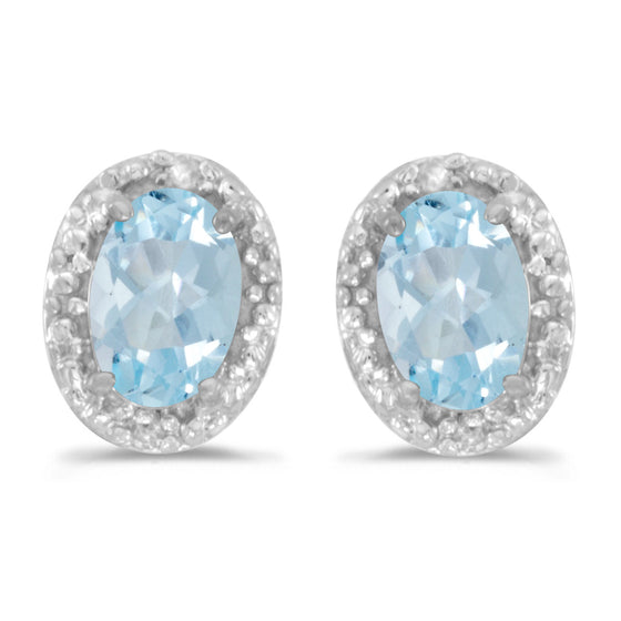 14k White Gold Oval Aquamarine And Diamond Earrings