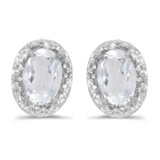 14k White Gold Oval White Topaz And Diamond Earrings