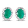 14k White Gold Oval Emerald And Diamond Earrings