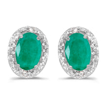 14k White Gold Oval Emerald And Diamond Earrings