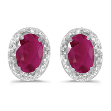  14k White Gold Oval Ruby And Diamond Earrings