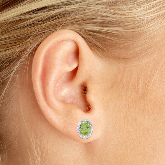 14k White Gold Oval Peridot And Diamond Earrings