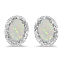  14k White Gold Oval Opal And Diamond Earrings