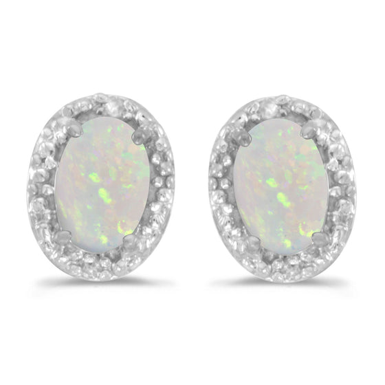 14k White Gold Oval Opal And Diamond Earrings