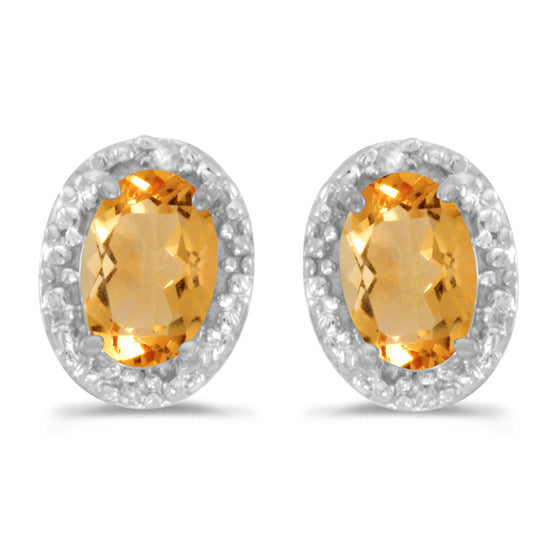 14k White Gold Oval Citrine And Diamond Earrings