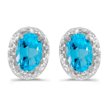  14k White Gold Oval Blue Topaz And Diamond Earrings