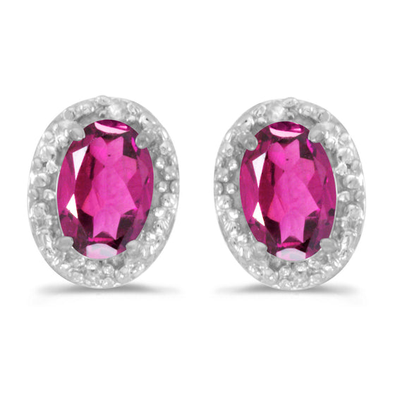 14k White Gold Oval Pink Topaz And Diamond Earrings