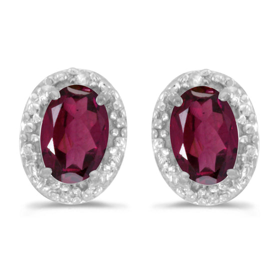 14k White Gold Oval Rhodolite Garnet And Diamond Earrings